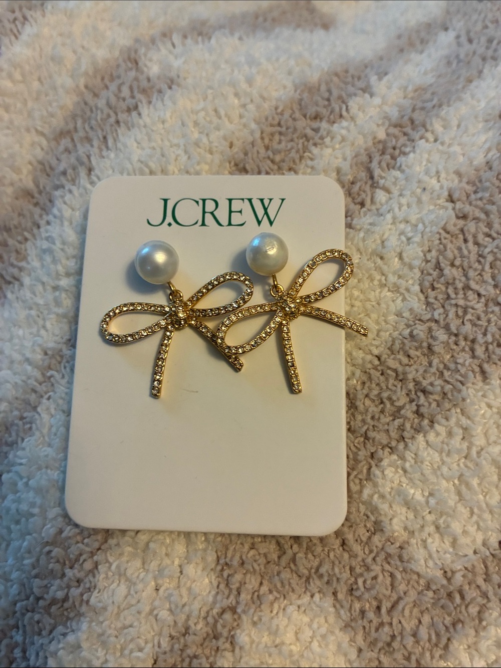 NWT J.Crew Pearl Pavé Bow Ribbon Dangle Earrings Gold